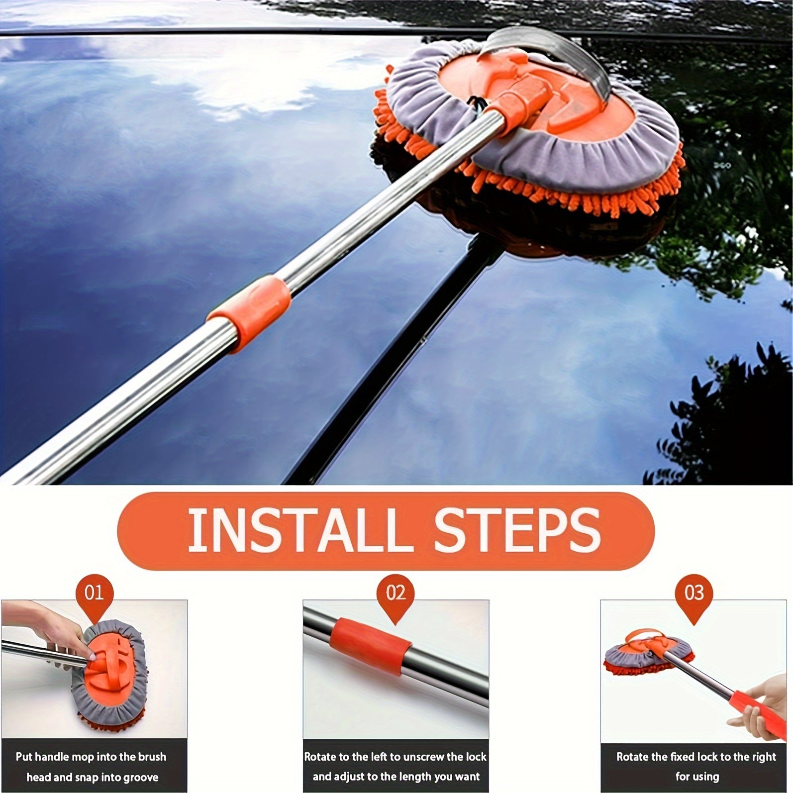 Spazzola per Lavaggio Auto in Microfibra con Manico Lungo – Testa del Mop Rimovibile per una Pulizia Senza Graffi