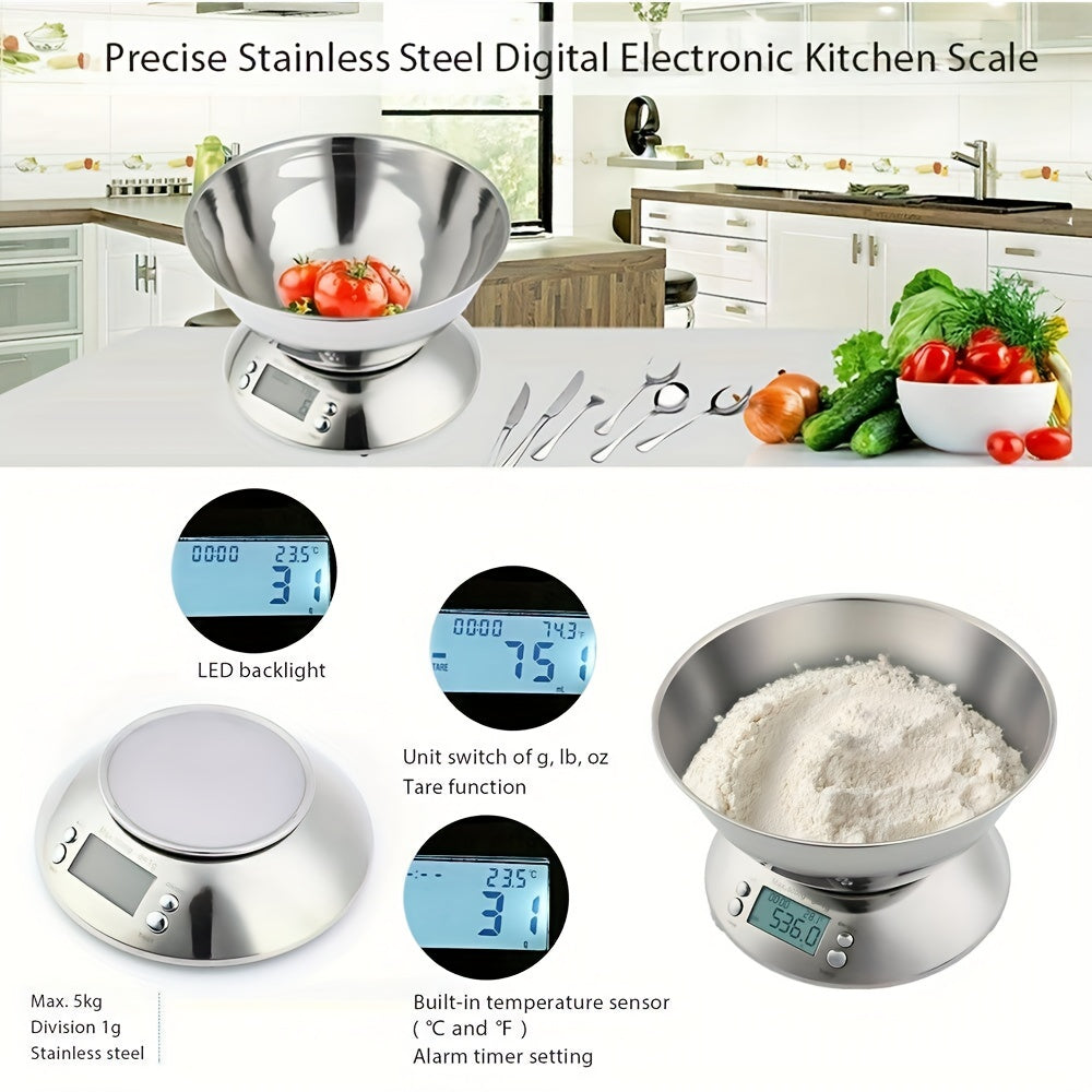 Bilancia da Cucina Digitale con Ciotola in Acciaio Inox – Precisione con Sensore di Temperatura e Funzione Timer per Cottura e Cucina