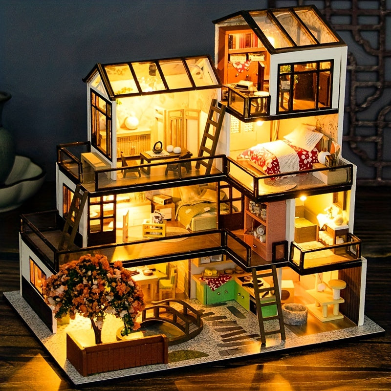 Kit di Puzzle 3D Villa in Miniatura – Modello Fai-da-Te con Illuminazione LED e Interni Dettagliati