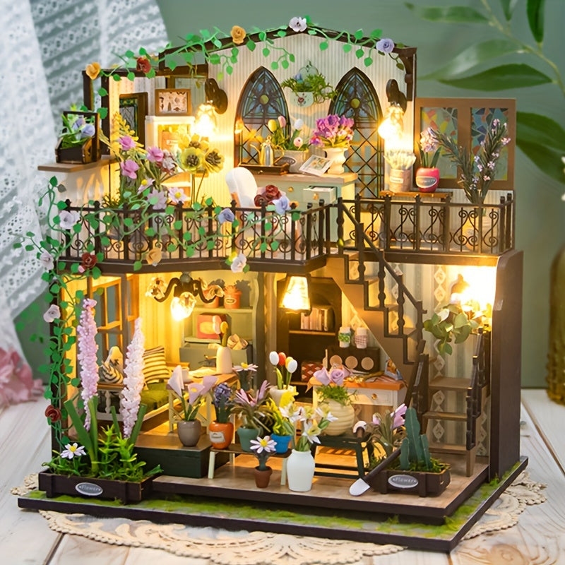 Casa Miniatura Greenhouse Fai-da-te con Illuminazione – Puzzle 3D Fatti a Mano per Decorazione Creativa
