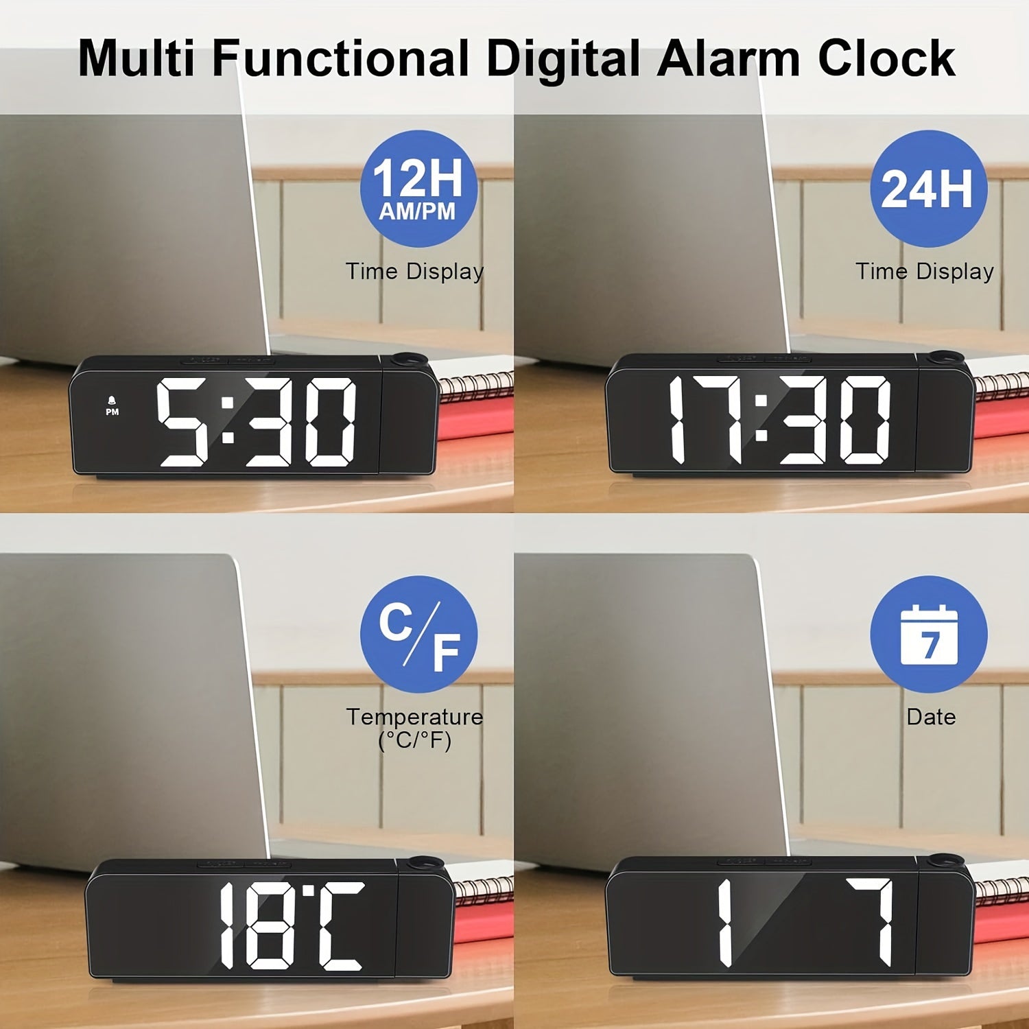 Orologio Sveglia con Proiezione LED – Visualizzazione della Temperatura e della Data con Alimentazione USB