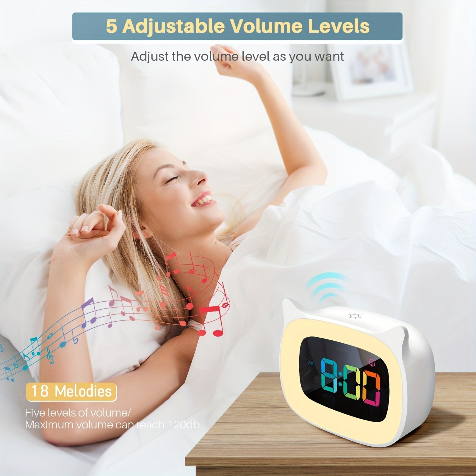 Sveglia a Forma di Orecchie di Gatto – Luce Notturna RGB con 18 Melodie e Ricarica USB