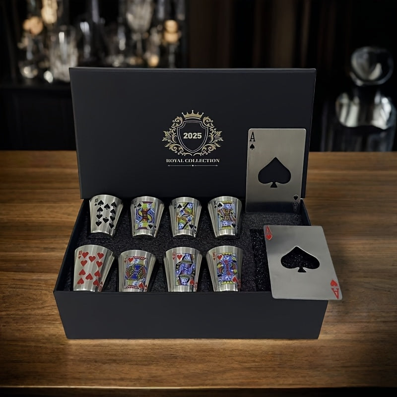 Set di Bicchieri da Whiskey Royal Playing Cards – Acciaio Inossidabile e Apribottiglie