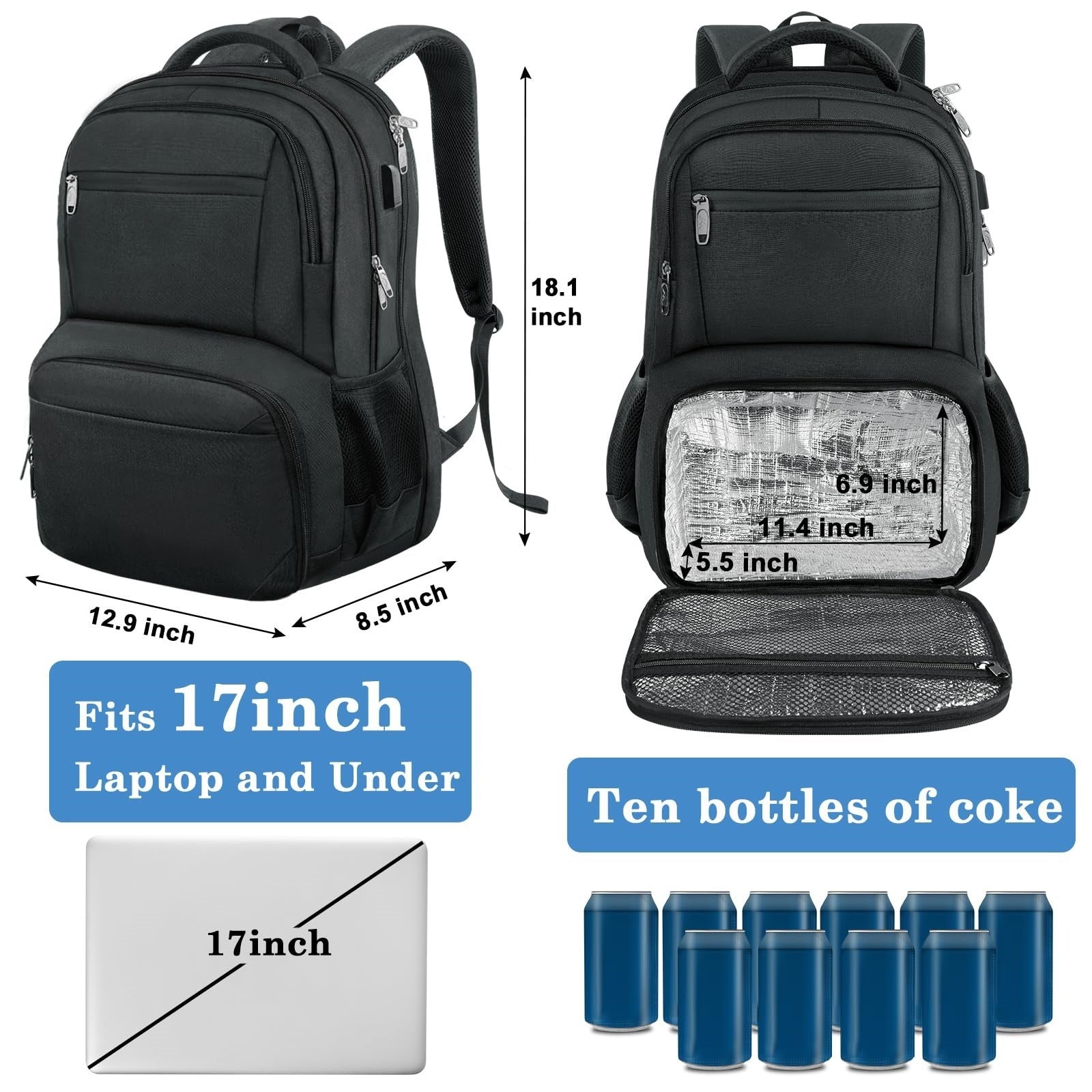 Zaino impermeabile per laptop e pranzo con porta USB – Borsa da viaggio multi-scomparto