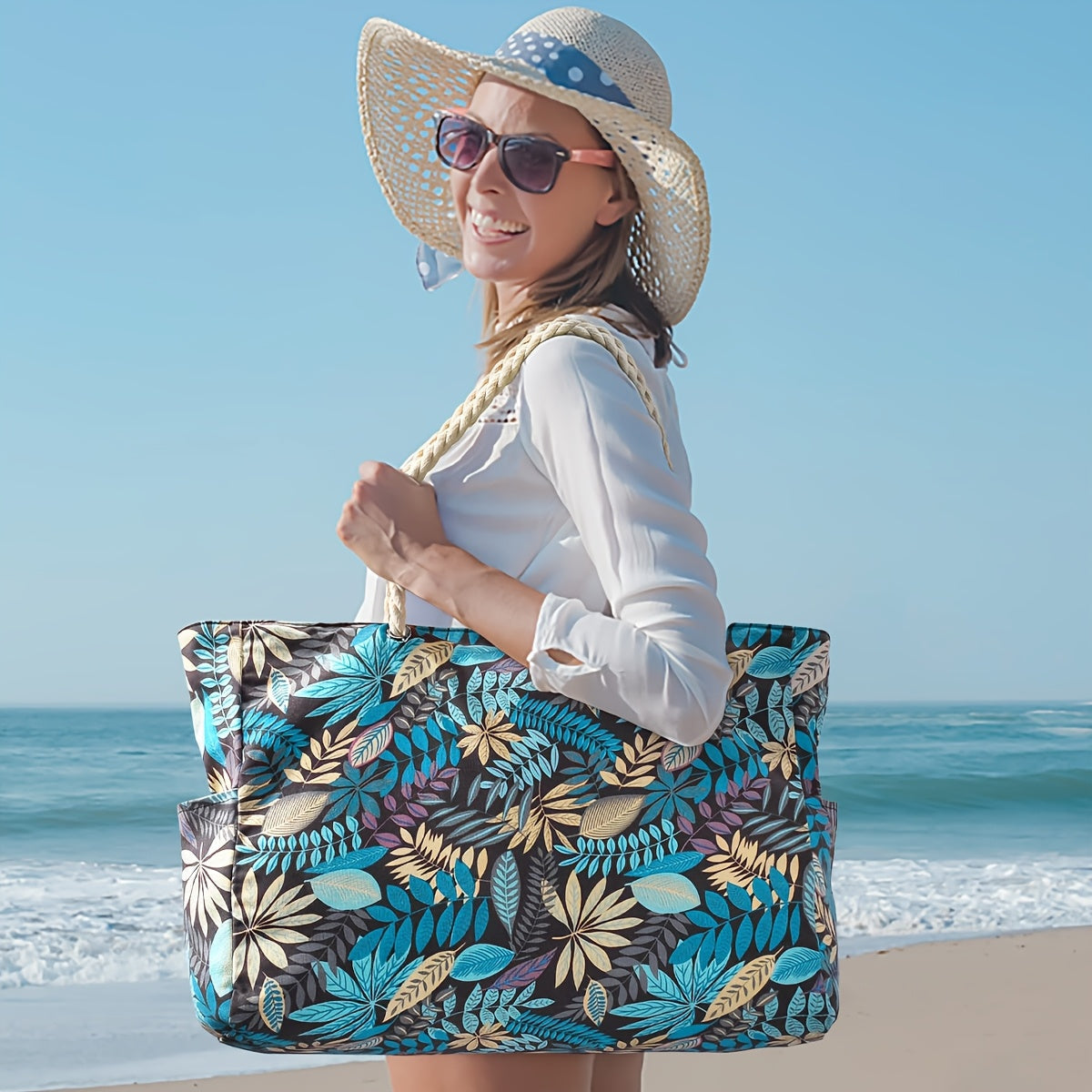 Borsa da Spiaggia Grande alla Moda con Stampa a Foglia - Spaziosa, Resistente e Perfetta per le Vacanze