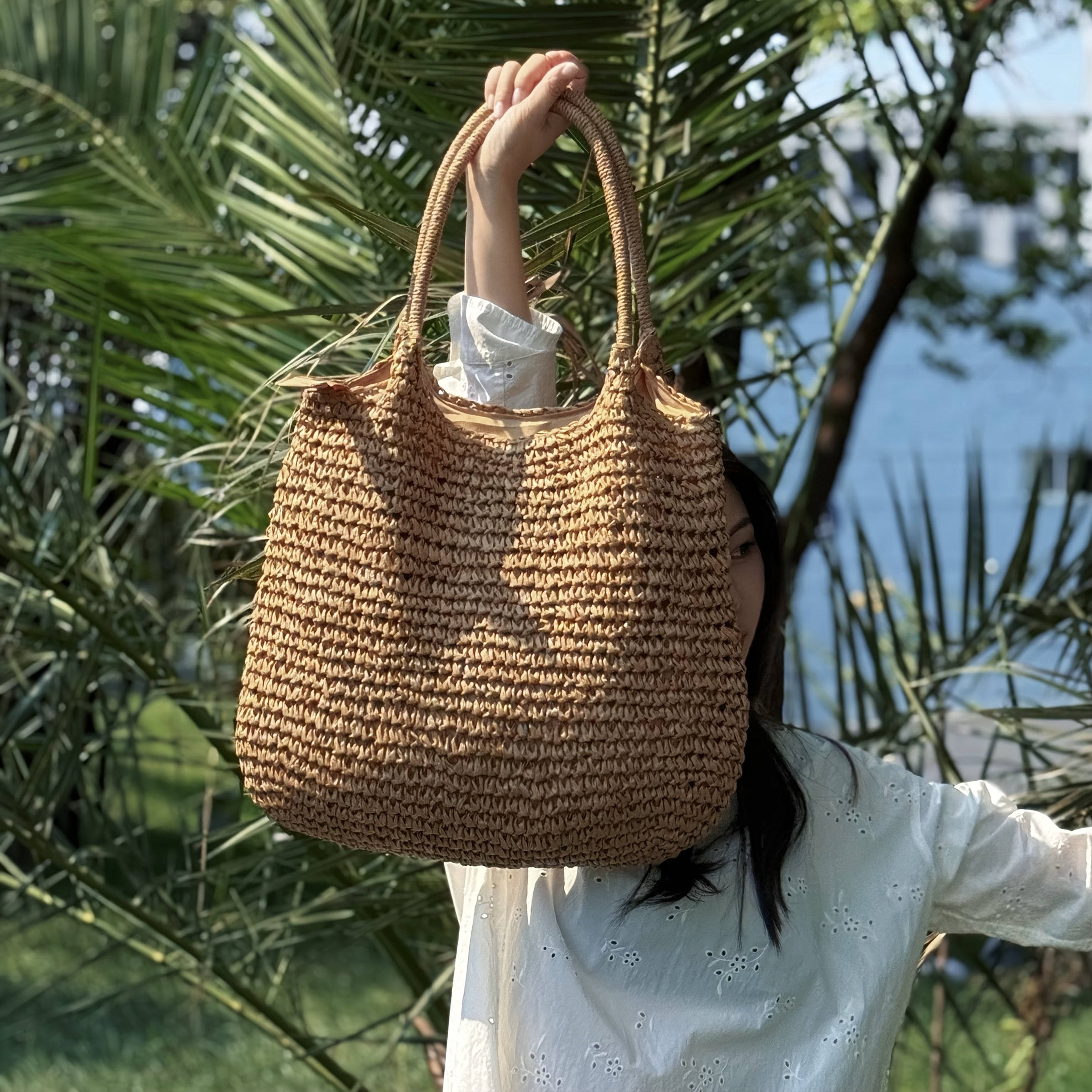 Borsa a Spalla Woven di Grande Capacità per Donne con Chiusura a Zip