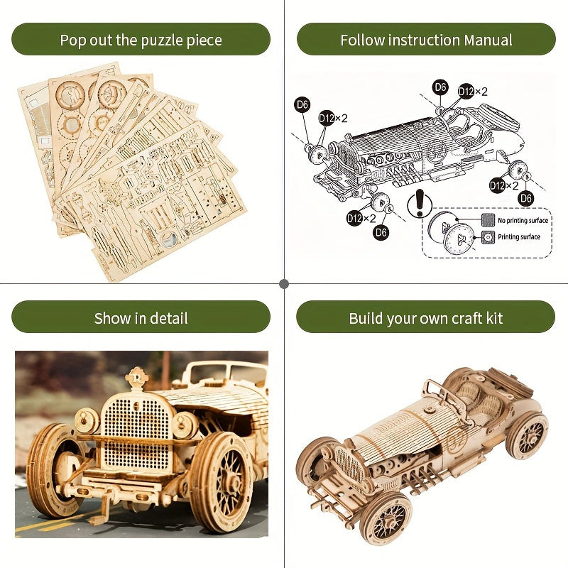 Puzzle di Auto Vintage in Legno 3D – Modello Meccanico con Ingranaggi e Design Dettagliato
