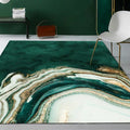 Modern green bedroom rug with abstract marble pattern, washable polyester rug