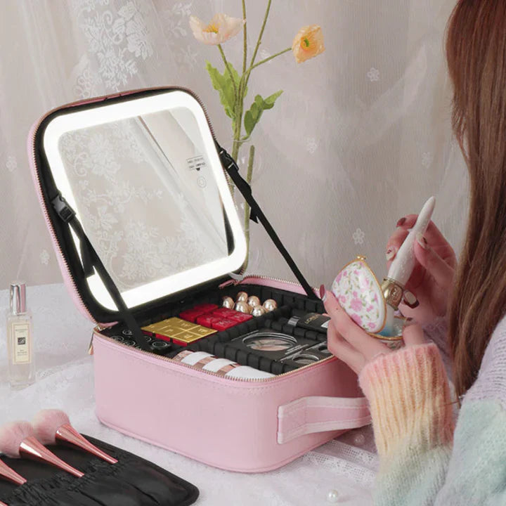 GlowLuxe LED Vanity Case | Organizer di bellezza portatile con specchio LED regolabile per un trucco impeccabile