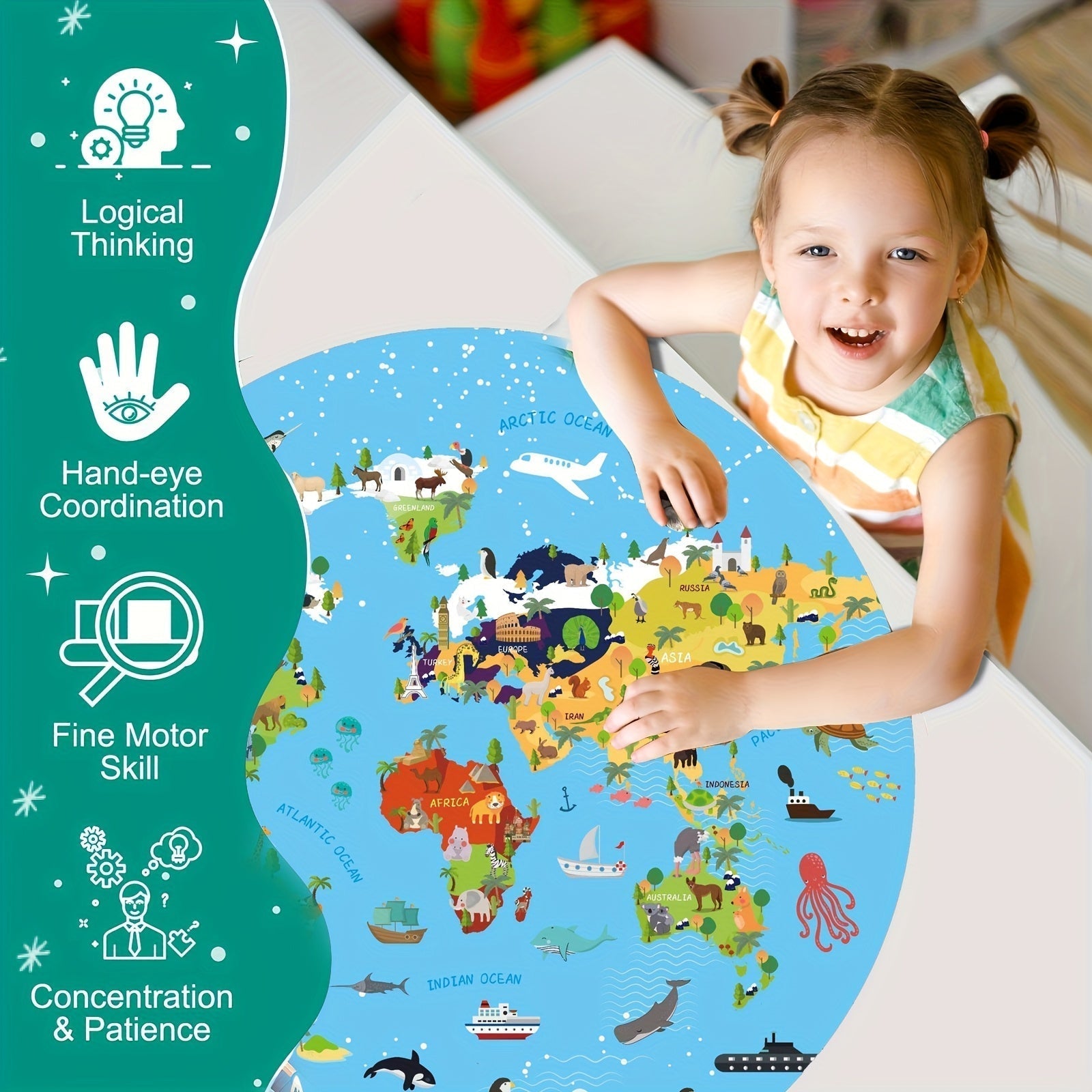Puzzle da Pavimento di 70 Pezzi – Design della Mappa del Mondo Rotonda per Bambini