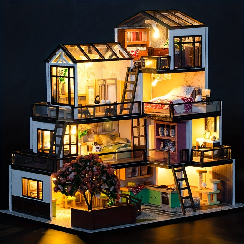 Kit di Puzzle 3D Villa in Miniatura – Modello Fai-da-Te con Illuminazione LED e Interni Dettagliati