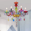 Fake Candle Chandelier Beautiful Multicolored Glass Chandelier with Teardrop Crystals for Kindergarten