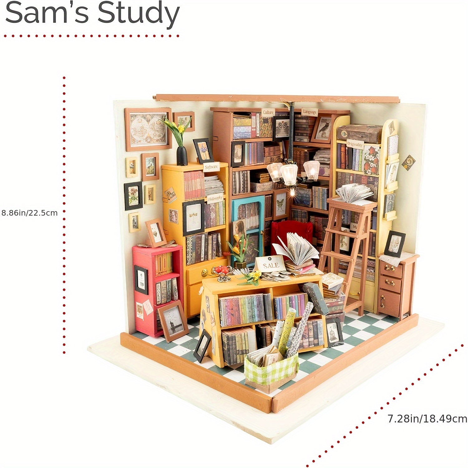 Kit di Casa in Miniatura Fai-da-Te – Studio di Sam con Librerie e Mobili Dettagliati