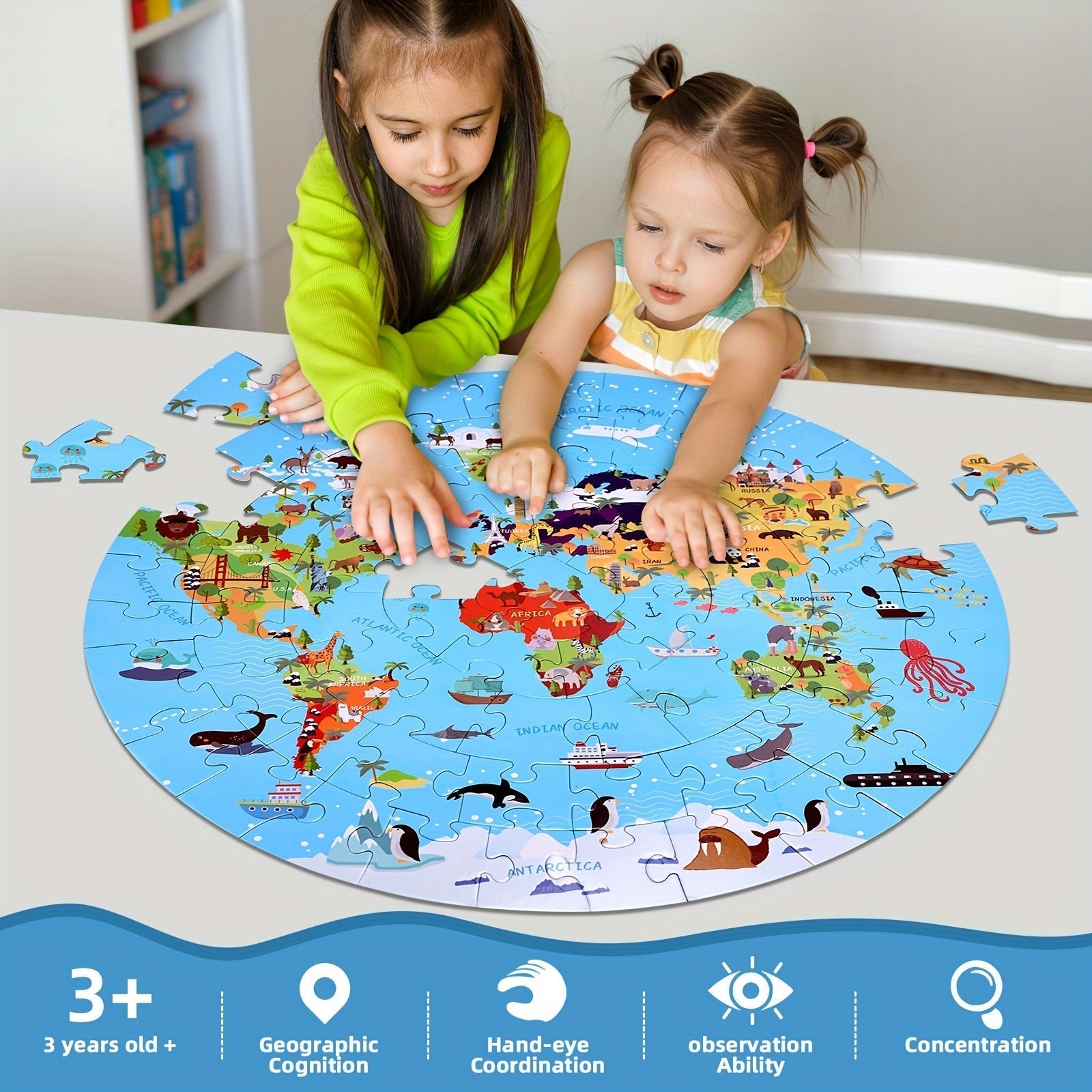 Puzzle da Pavimento di 70 Pezzi – Design della Mappa del Mondo Rotonda per Bambini