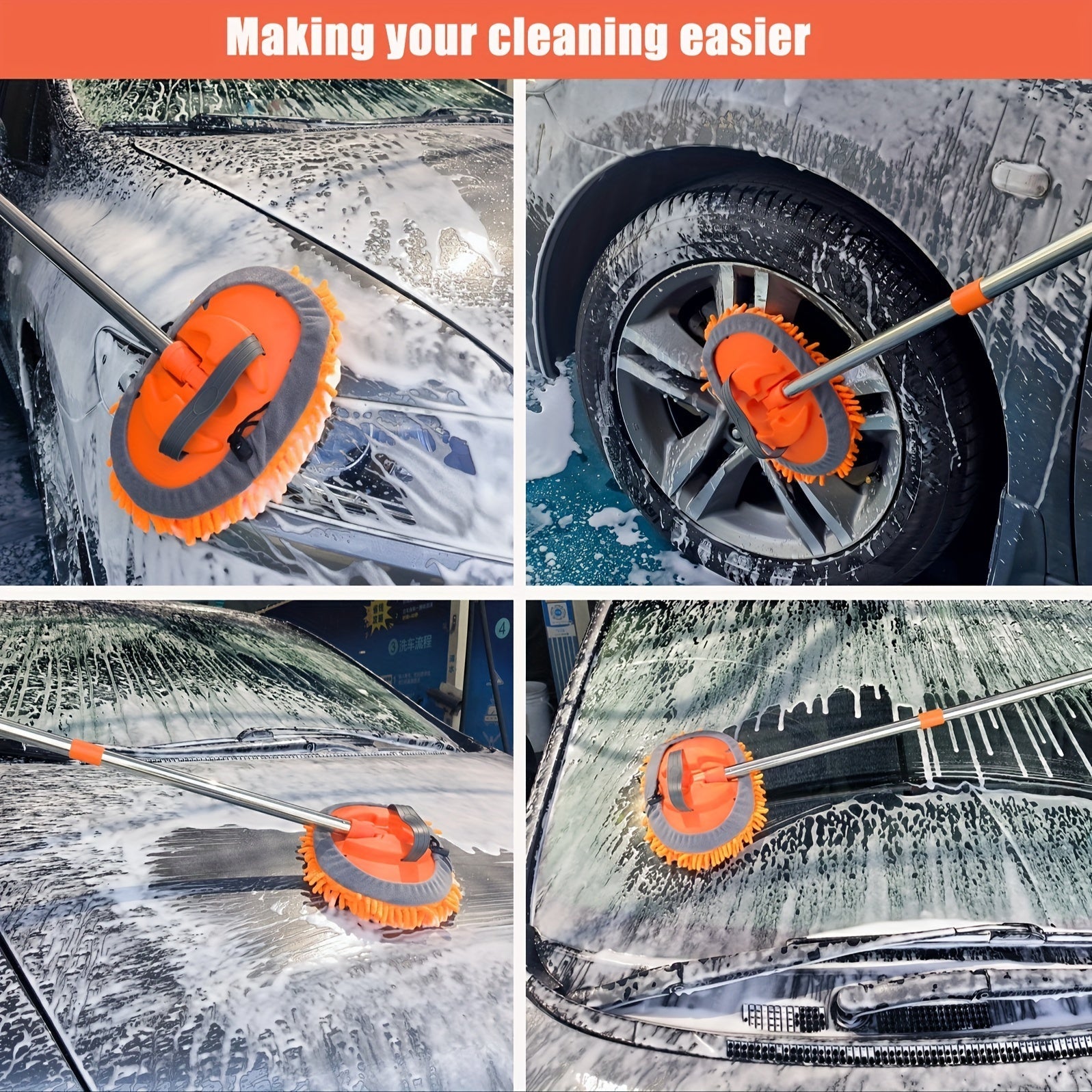 Spazzola per Lavaggio Auto in Microfibra con Manico Lungo – Testa del Mop Rimovibile per una Pulizia Senza Graffi