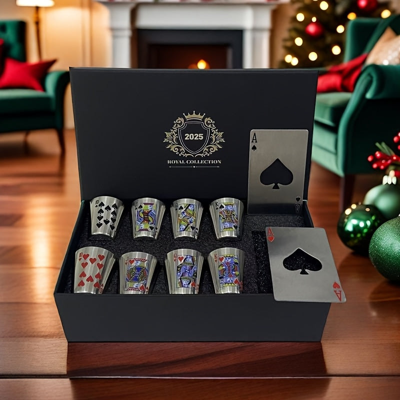 Set di Bicchieri da Whiskey Royal Playing Cards – Acciaio Inossidabile e Apribottiglie