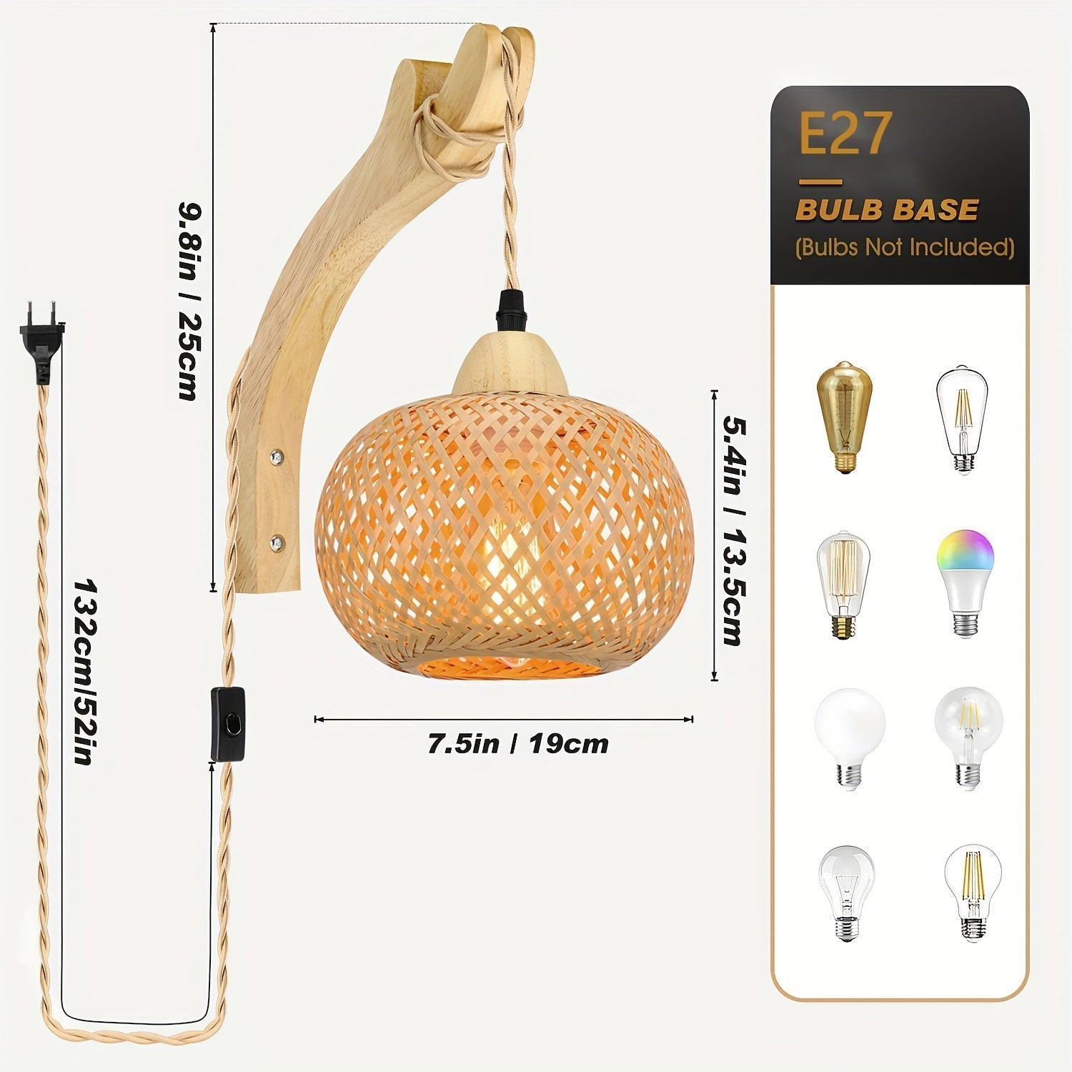 Lampada da Parete Rustica in Bambù – Paralume Intrecciato con Spina Stile Vintage