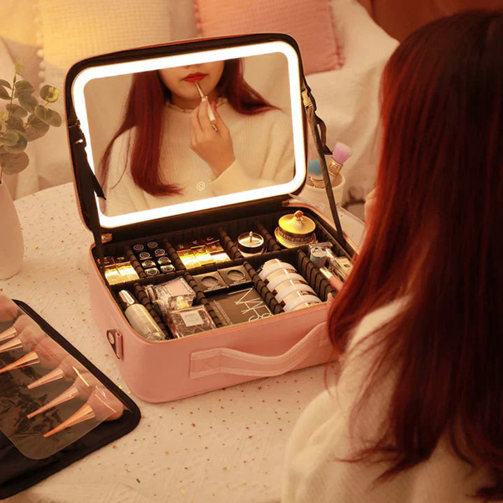 GlowLuxe LED Vanity Case | Organizer di bellezza portatile con specchio LED regolabile per un trucco impeccabile