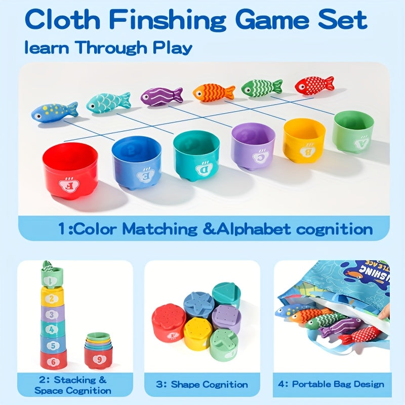 Gioco di Pesca in Tessuto per Bambini – Pesci in Peluche e Tazze Impilabili per Divertimento Educativo
