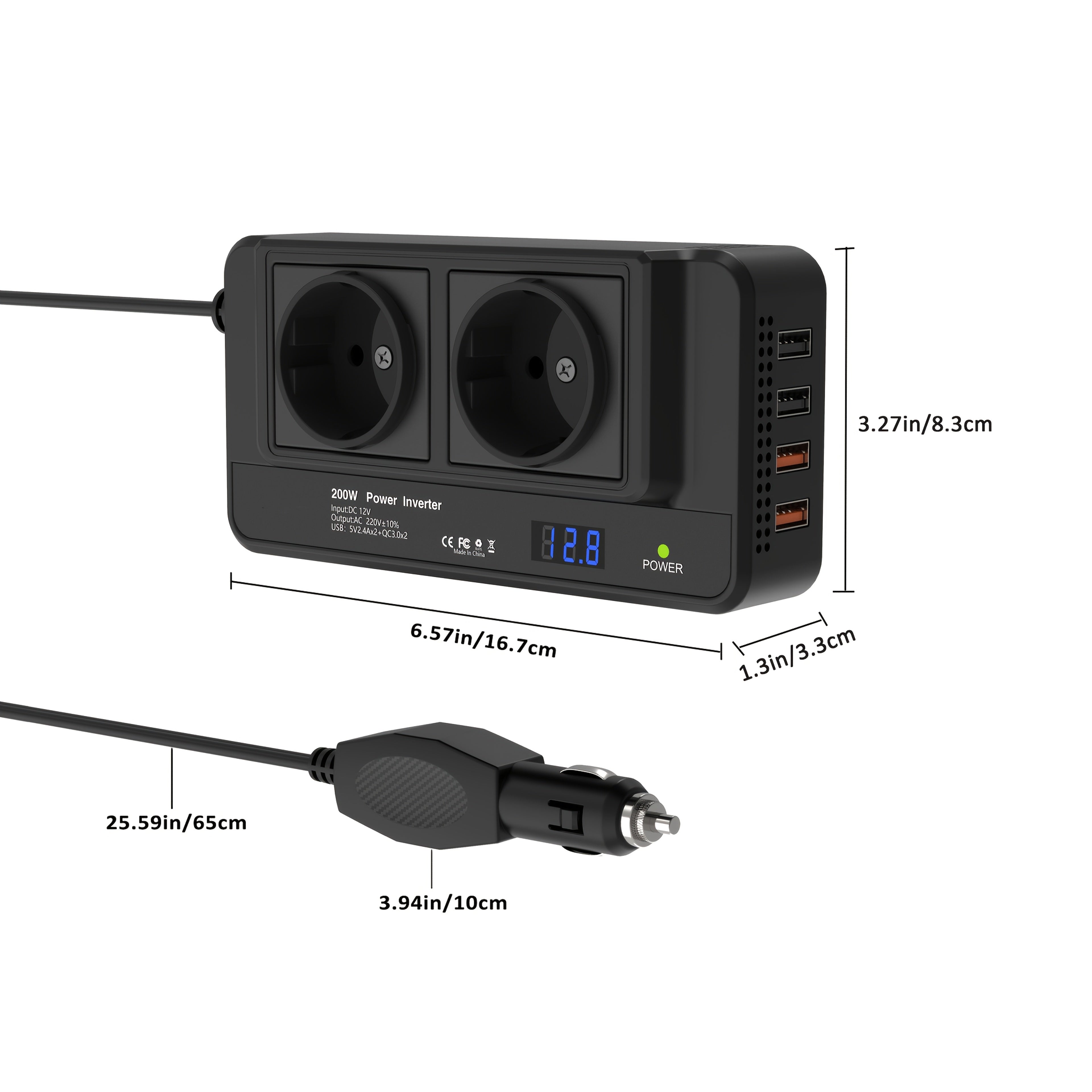 Inverter per Auto Compatto 200W – Doppie Prese & Quattro USB