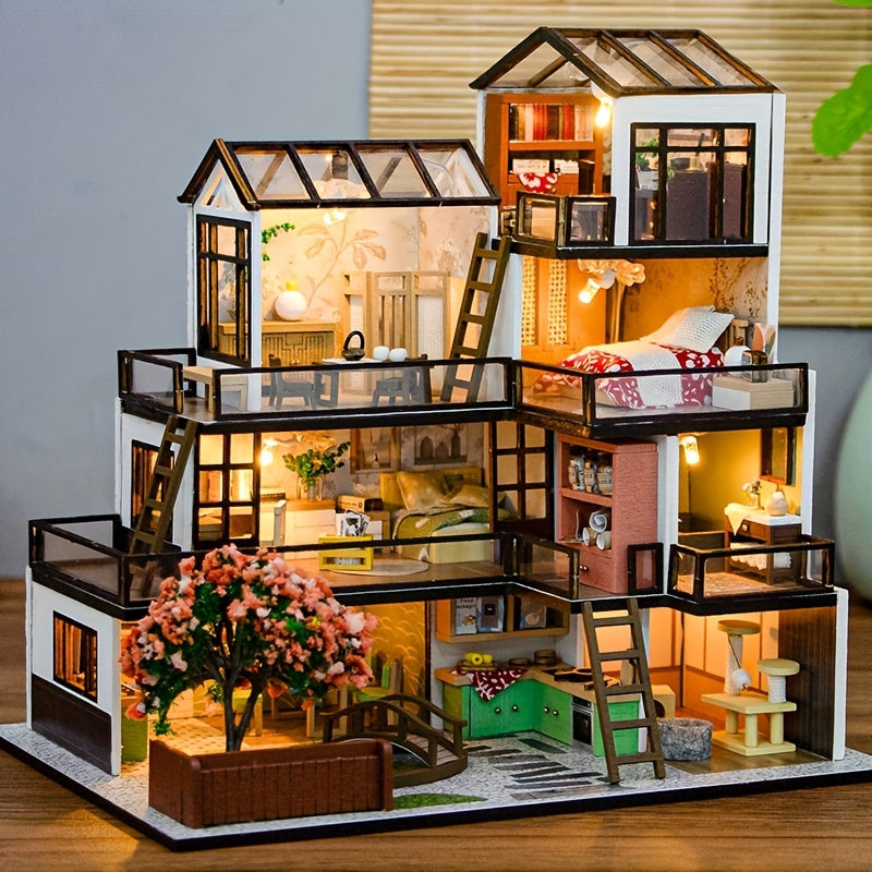 Kit di Puzzle 3D Villa in Miniatura – Modello Fai-da-Te con Illuminazione LED e Interni Dettagliati