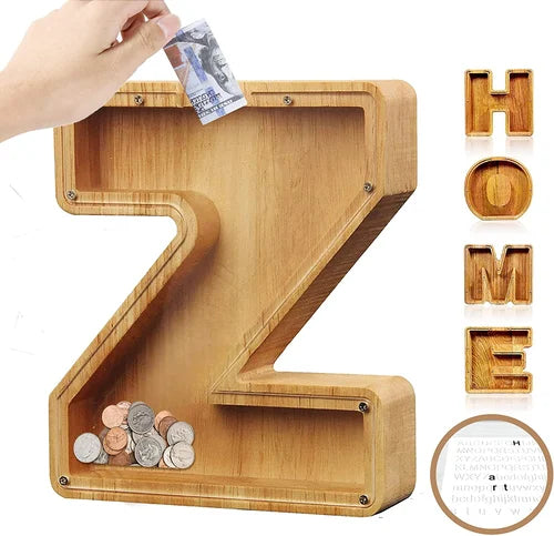 Cassa di Risparmio TreasureNest | Scatola di risparmio in legno personalizzata con design delle lettere A-Z