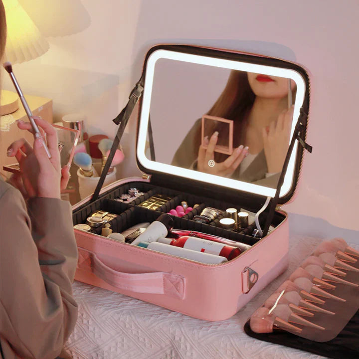 GlowLuxe LED Vanity Case | Organizer di bellezza portatile con specchio LED regolabile per un trucco impeccabile