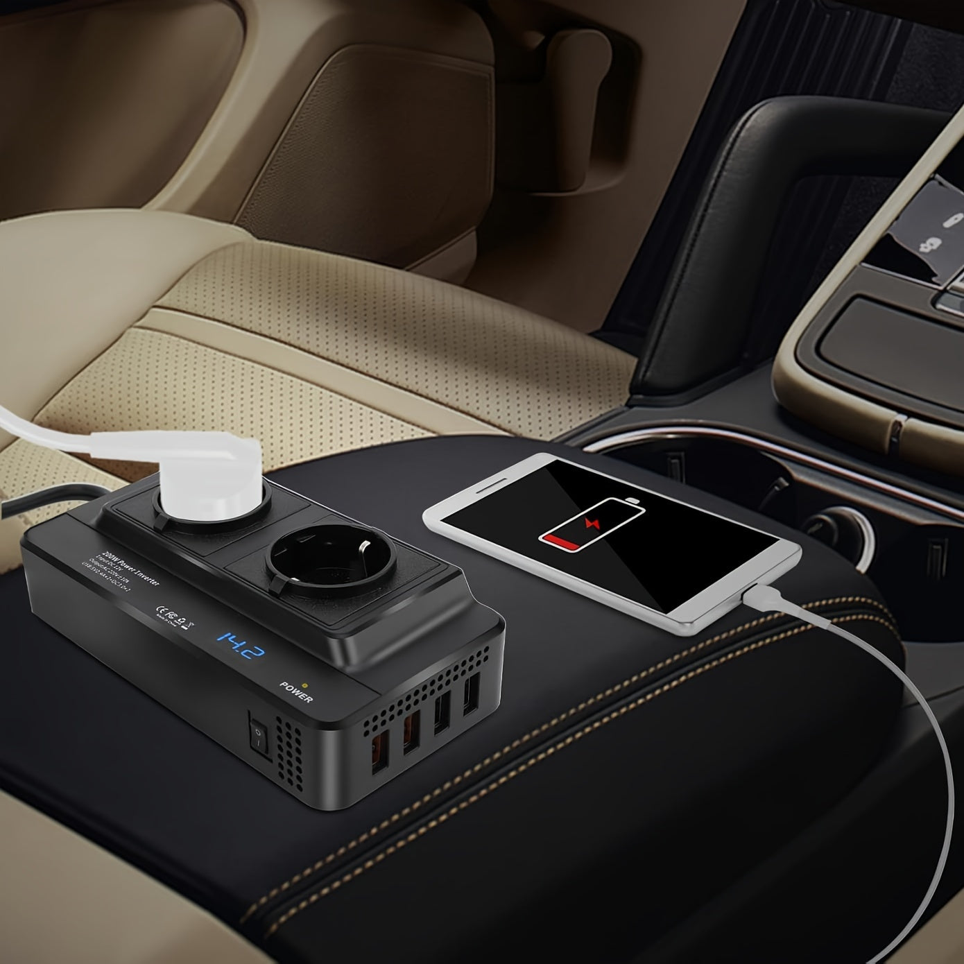 Inverter per Auto Compatto 200W – Doppie Prese & Quattro USB