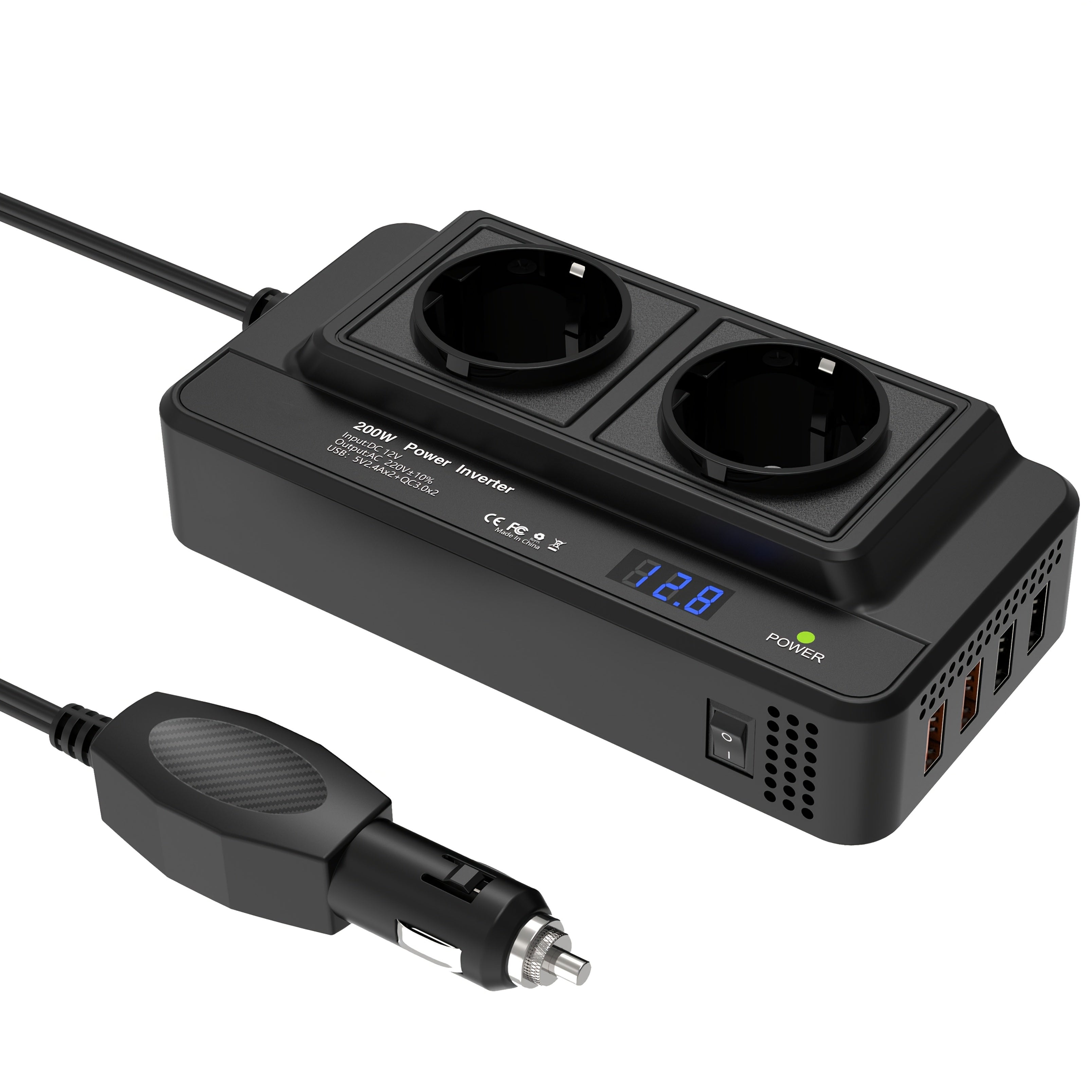 Inverter per Auto Compatto 200W – Doppie Prese & Quattro USB