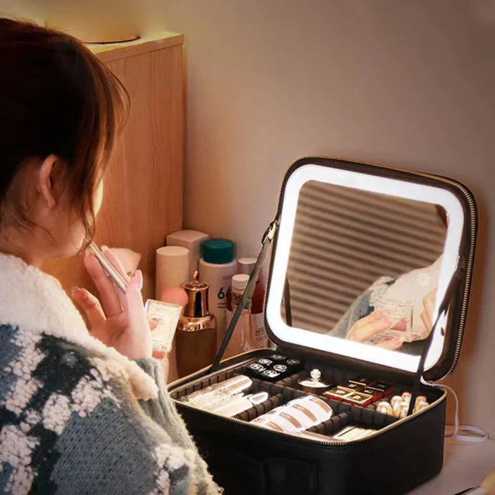 GlowLuxe LED Vanity Case | Organizer di bellezza portatile con specchio LED regolabile per un trucco impeccabile