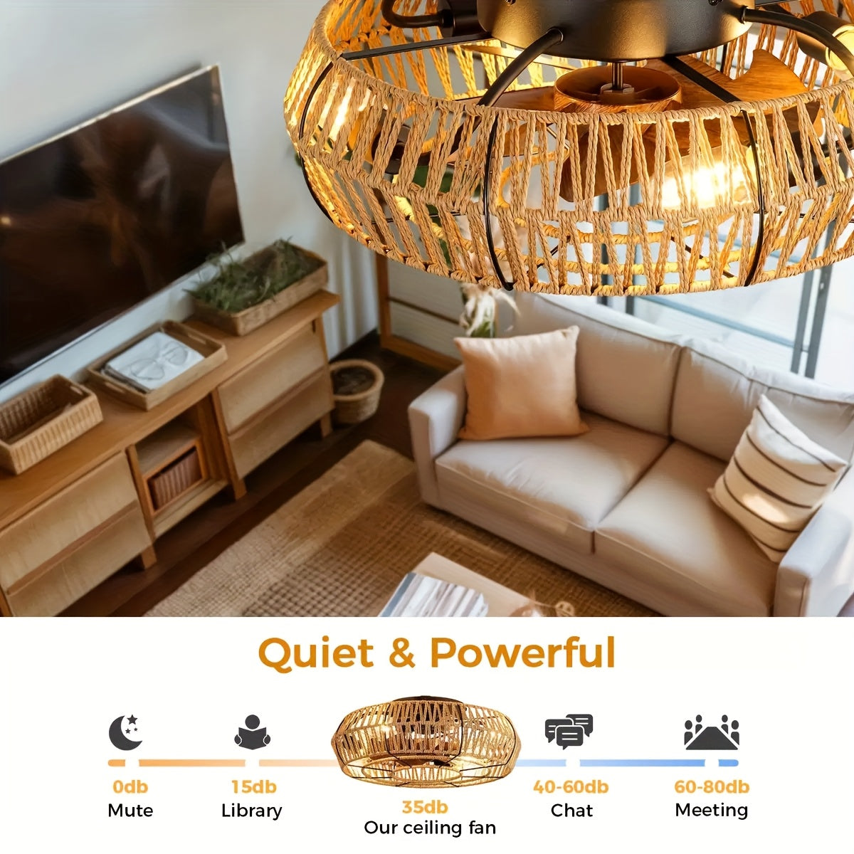 Ventilatore a soffitto in rattan intrecciato a mano – Stile Zen e funzionalità