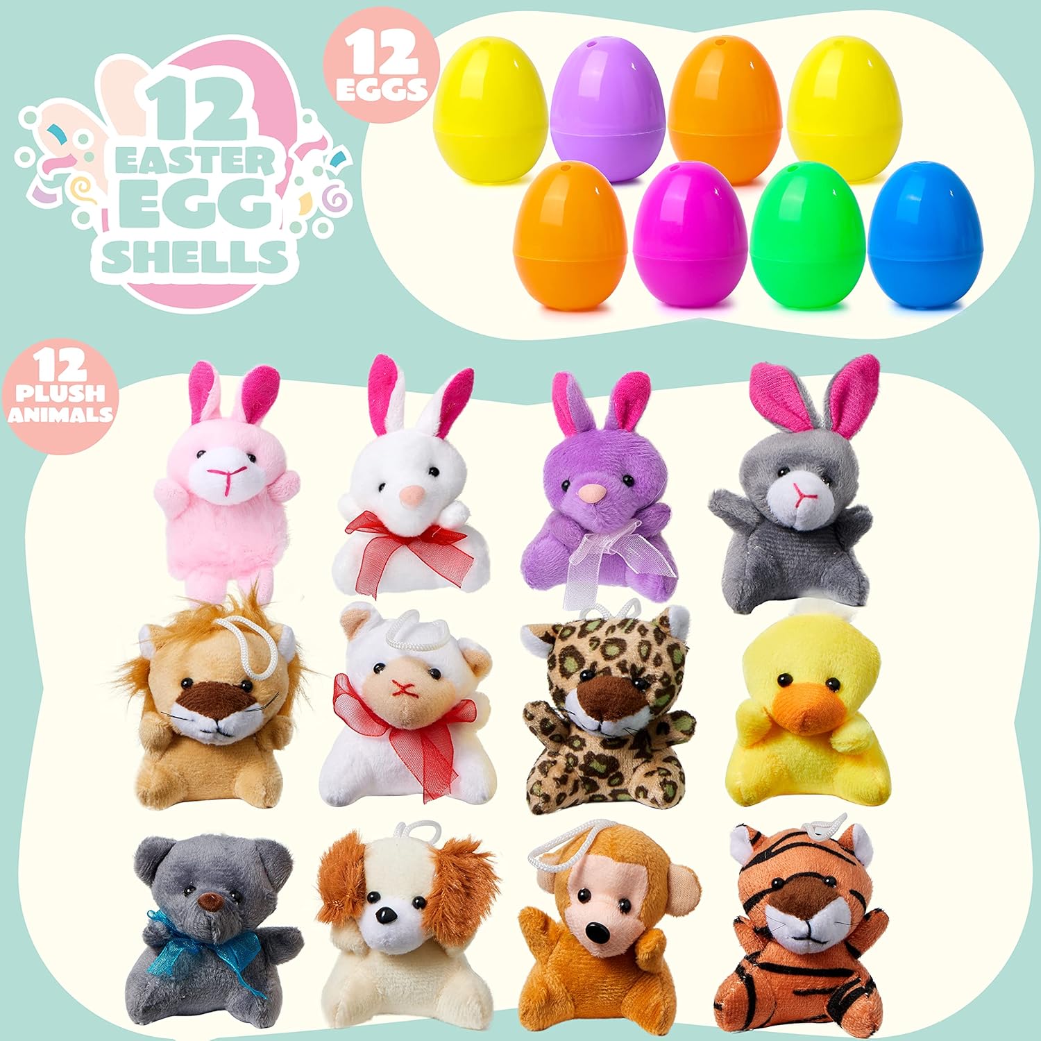 Uova di Pasqua di Peluche con Mini Animali per Bambini – Set di 12 Uova Sorprese