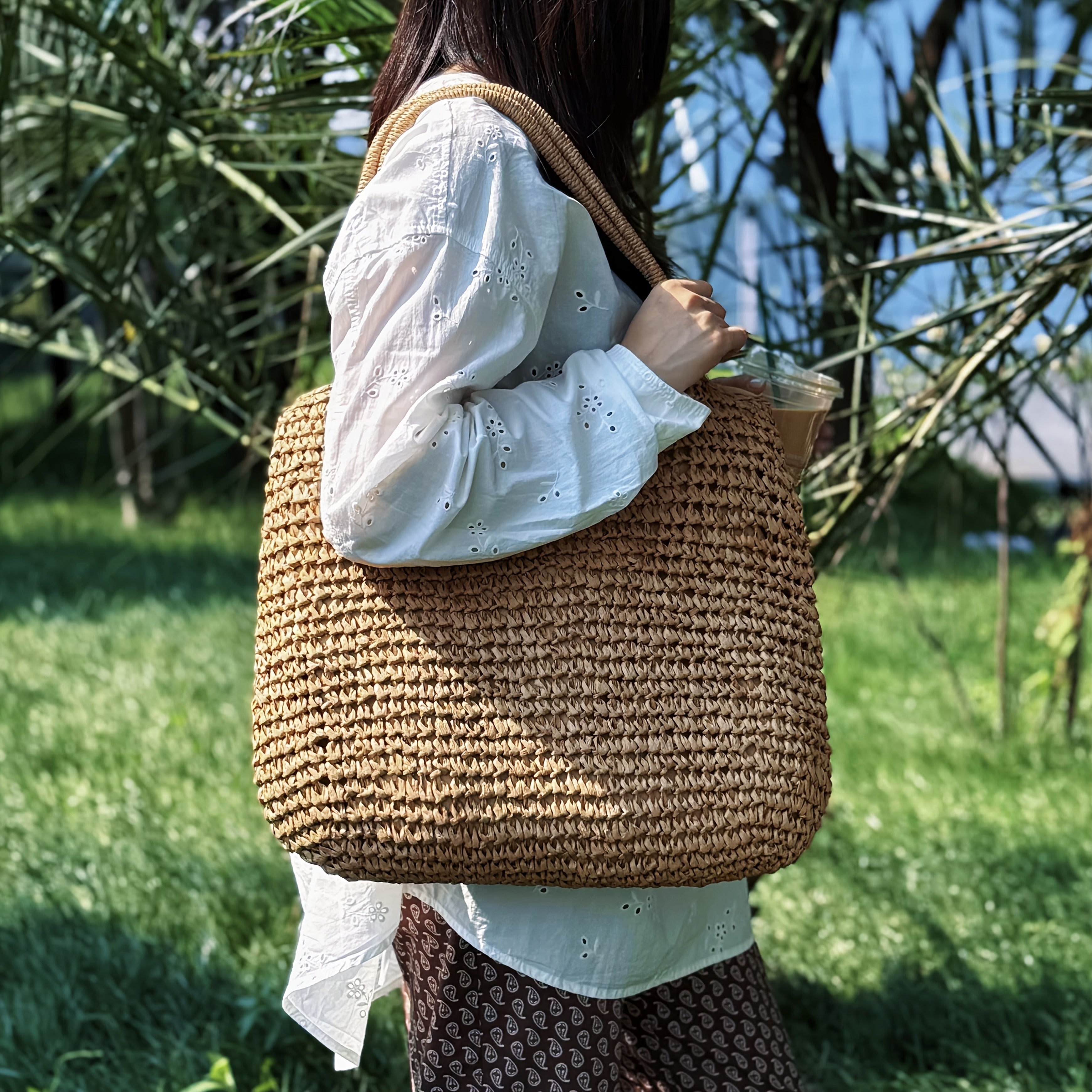 Borsa a Spalla Woven di Grande Capacità per Donne con Chiusura a Zip