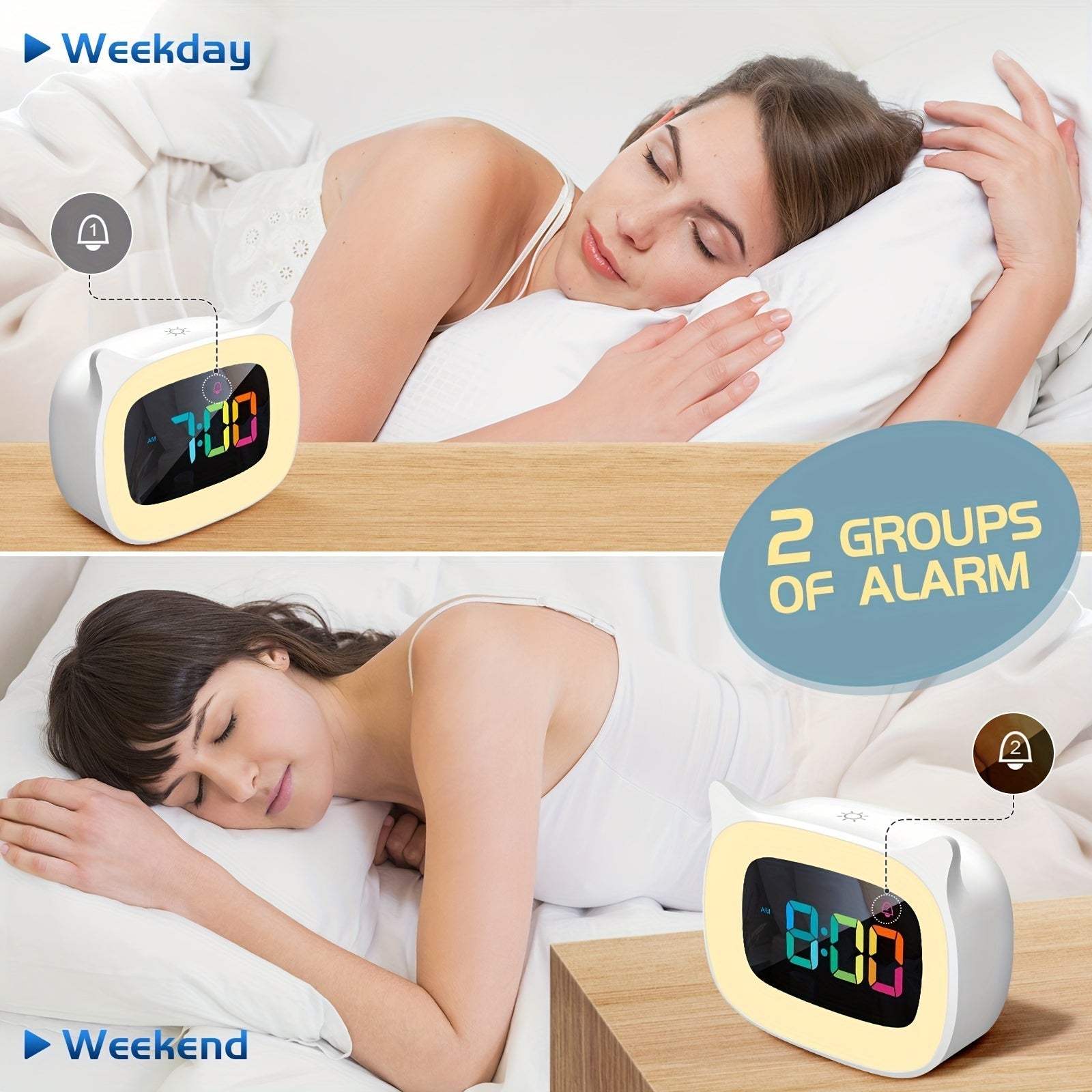 Sveglia a Forma di Orecchie di Gatto – Luce Notturna RGB con 18 Melodie e Ricarica USB