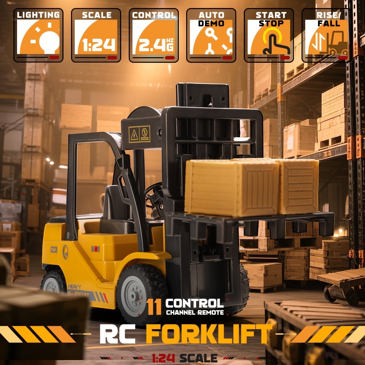 Carrello Elevatore a Controllo Remoto Heavy Duty – Scala 1:24 con Luci e Rimorchio