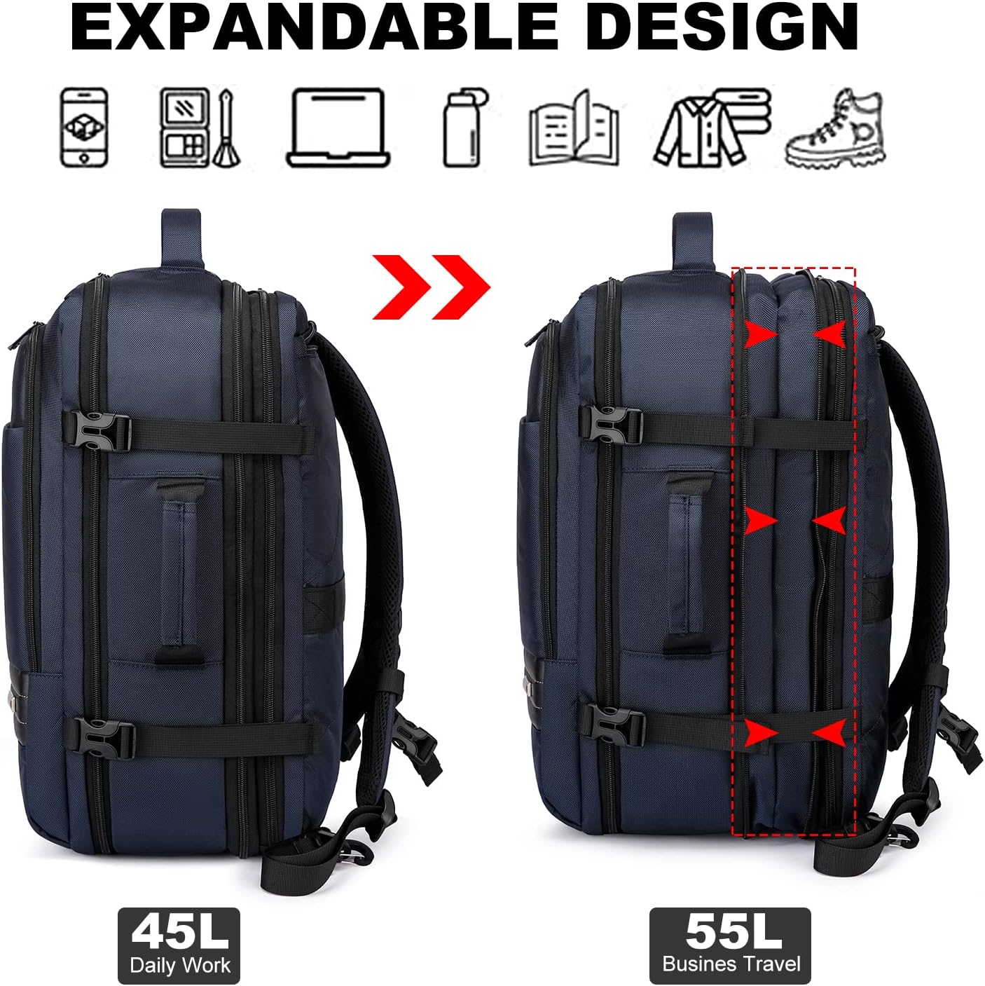 Zaino da viaggio impermeabile espandibile da 45–55L con scomparto per laptop da 46,5 cm