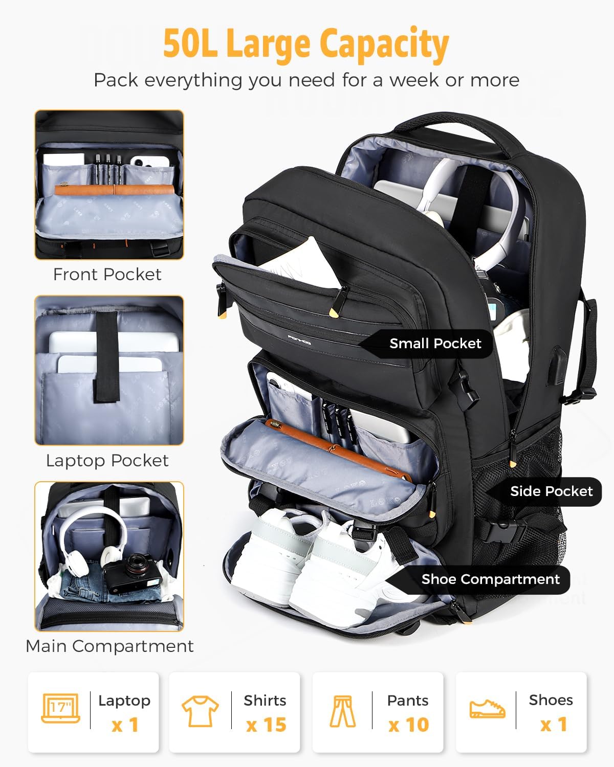 Zaino da viaggio approvato dalle compagnie aeree da 50L con scomparto per scarpe e tracolla convertibile