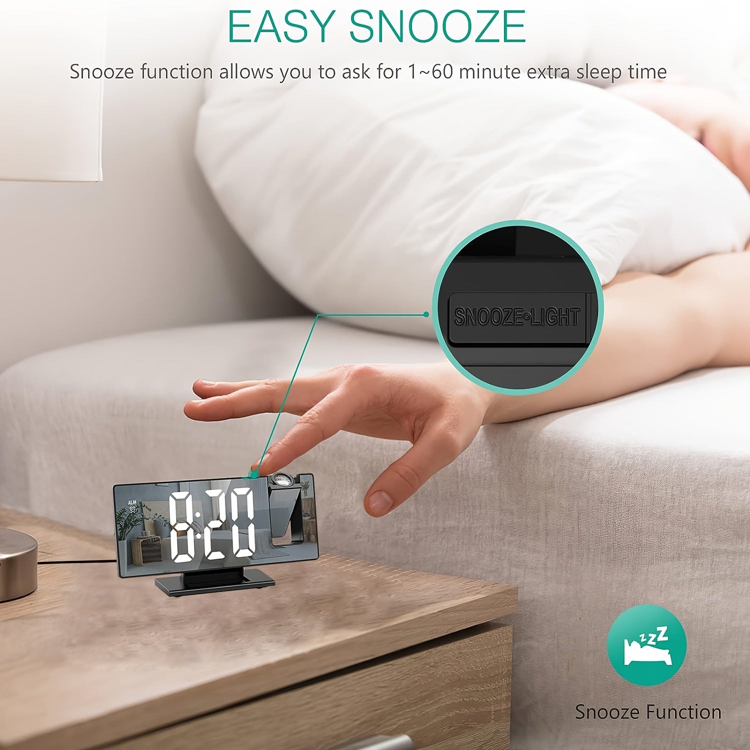 Orologio Sveglia con Proiezione LED e Proiezione Regolabile a 180° – Display Chiaro e Funzione Snooze per Camera da Letto o Ufficio