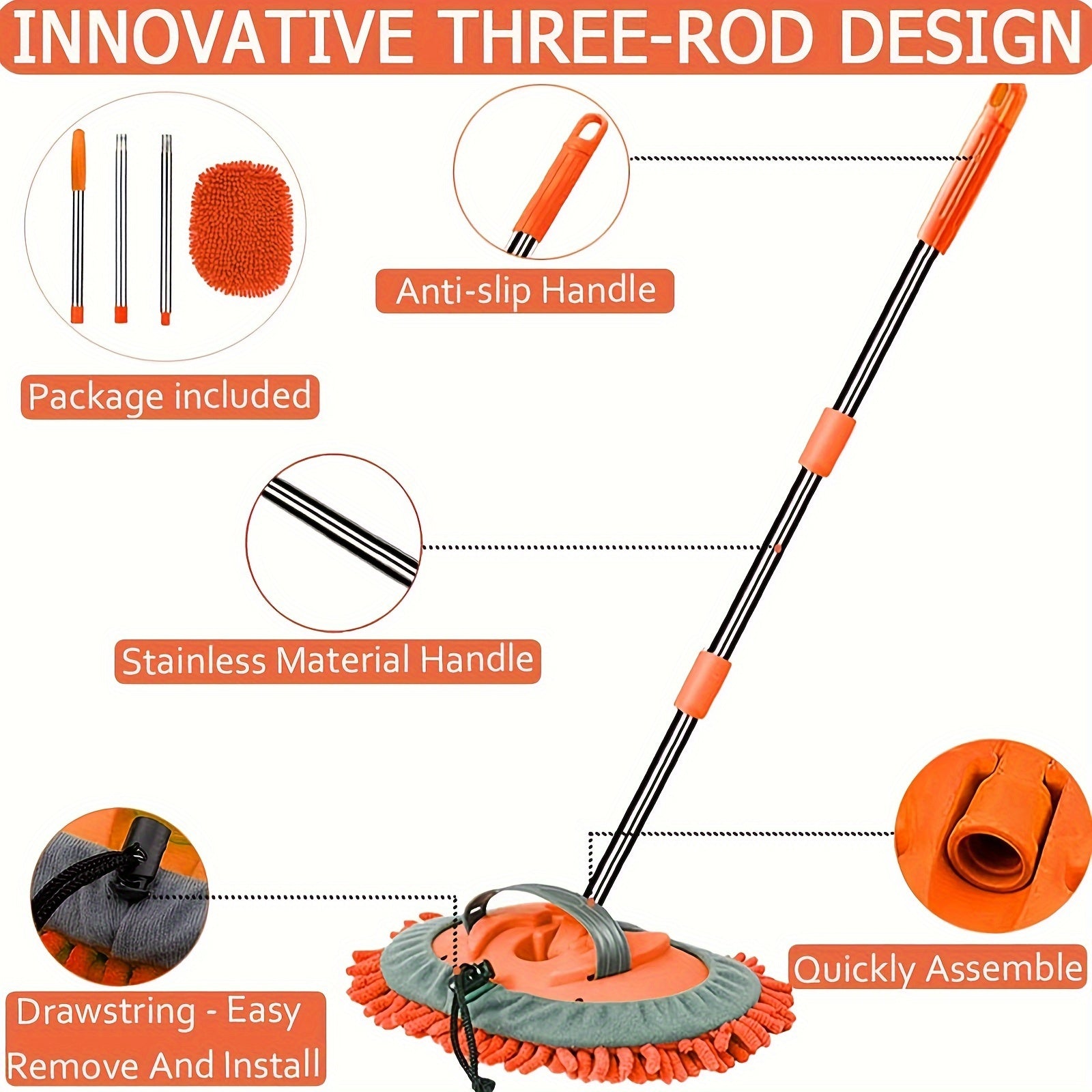 Spazzola per Lavaggio Auto in Microfibra con Manico Lungo – Testa del Mop Rimovibile per una Pulizia Senza Graffi