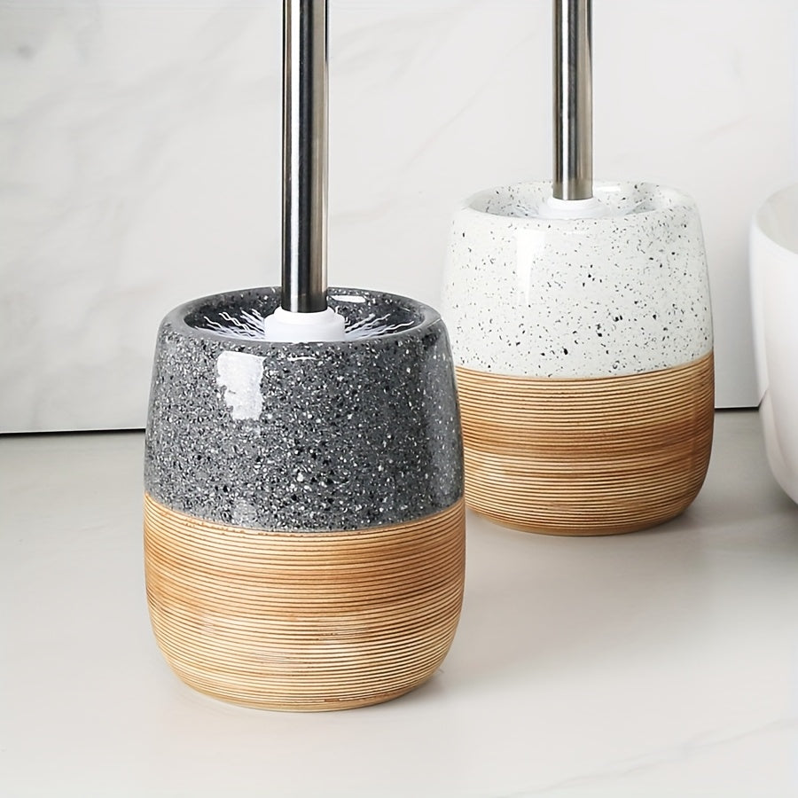 Set Elegante di Spazzola per Toilette in Ceramica – Base Simile al Legno e Manico in Acciaio Inossidabile