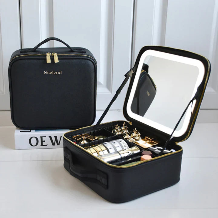 GlowLuxe LED Vanity Case | Organizer di bellezza portatile con specchio LED regolabile per un trucco impeccabile