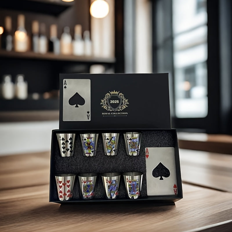 Set di Bicchieri da Whiskey Royal Playing Cards – Acciaio Inossidabile e Apribottiglie