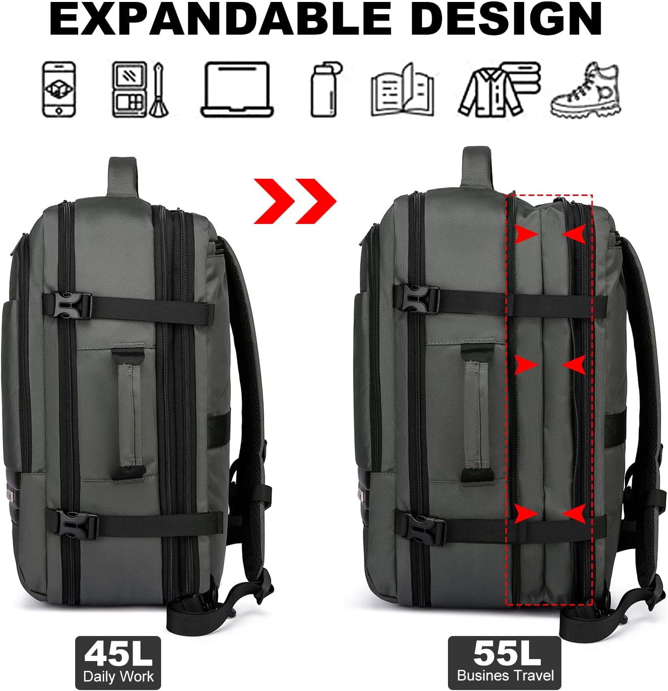 Zaino da viaggio impermeabile espandibile da 45–55L con scomparto per laptop da 46,5 cm