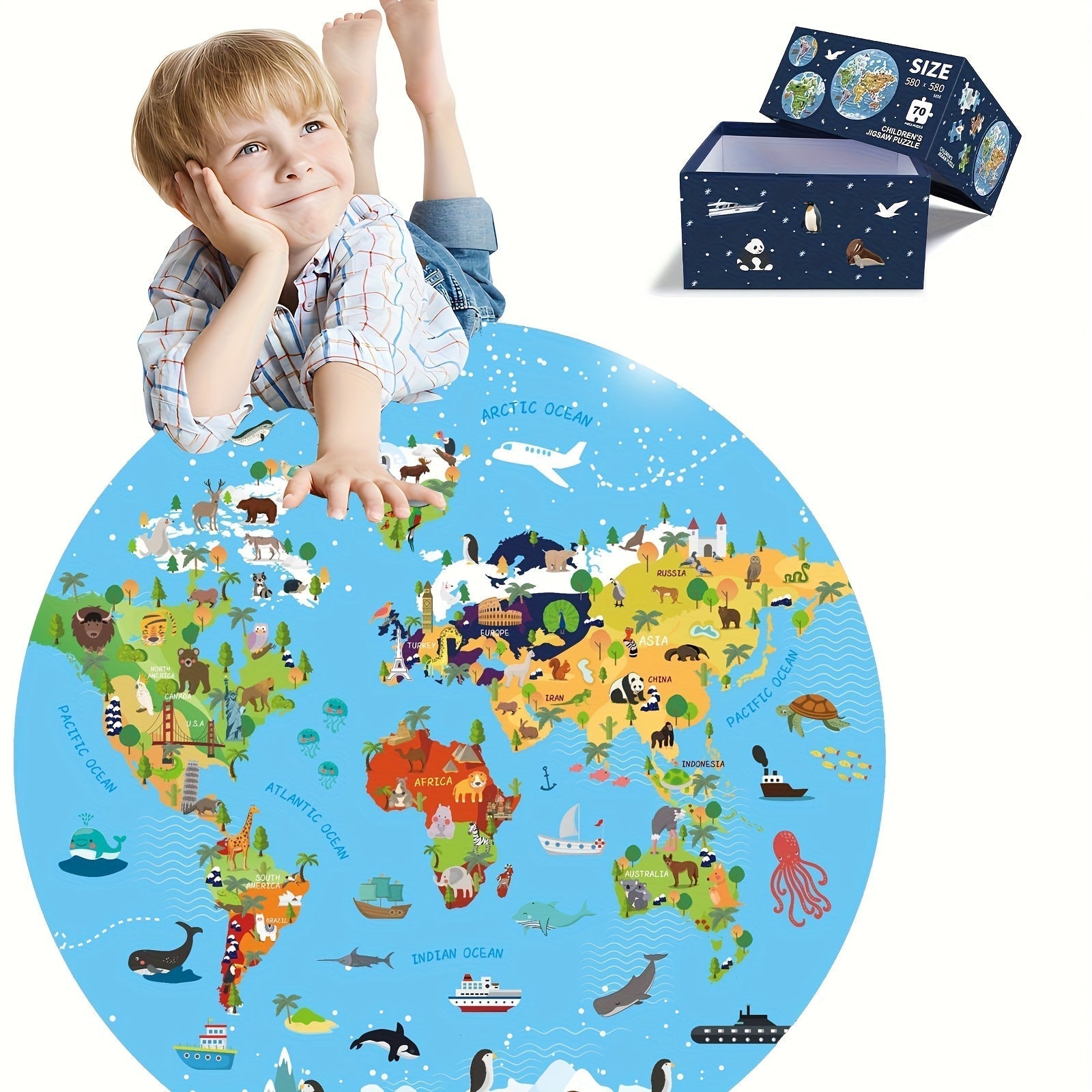 Puzzle da Pavimento di 70 Pezzi – Design della Mappa del Mondo Rotonda per Bambini