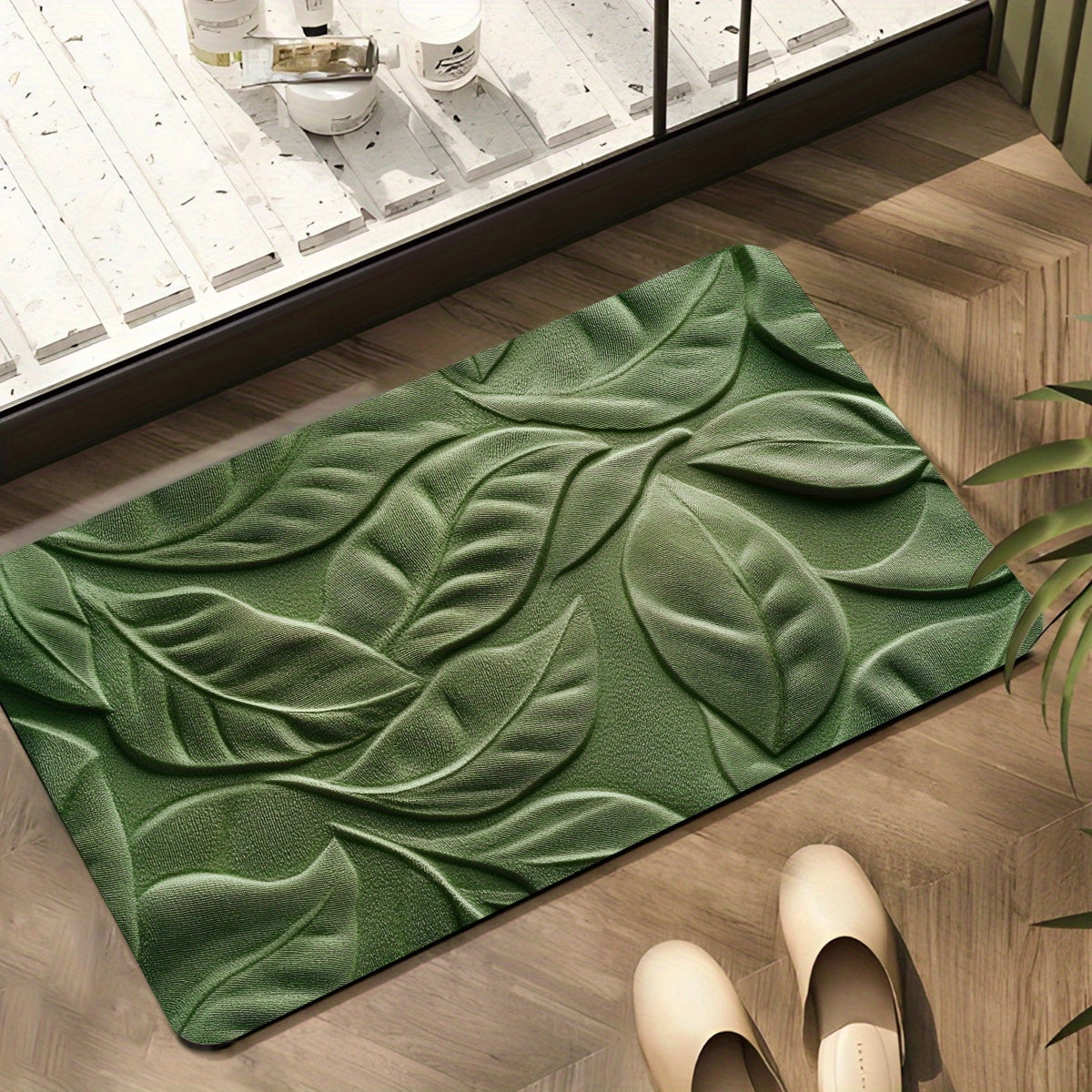 Tappetino da Bagno in Terra Diatomacea con Motivo Foglia Verde – Assorbente e Asciugatura Rapida