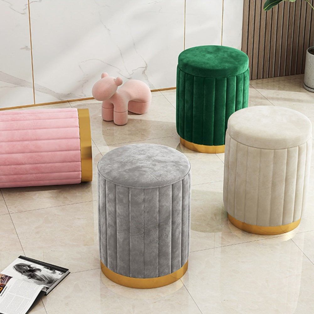 Pouf da Stoccaggio Nordic Chic – Pouf Rotondo Elegante con Stoccaggio e Finitura a Specchio