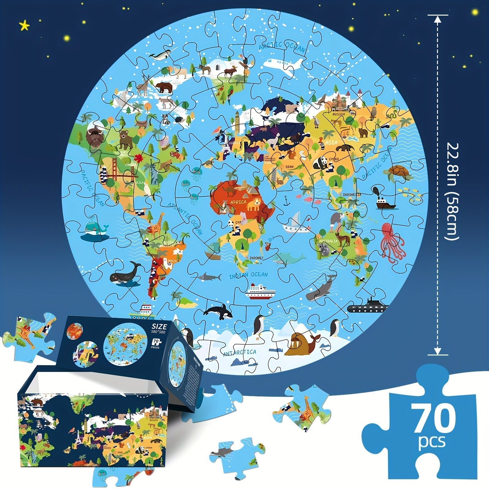 Puzzle da Pavimento di 70 Pezzi – Design della Mappa del Mondo Rotonda per Bambini