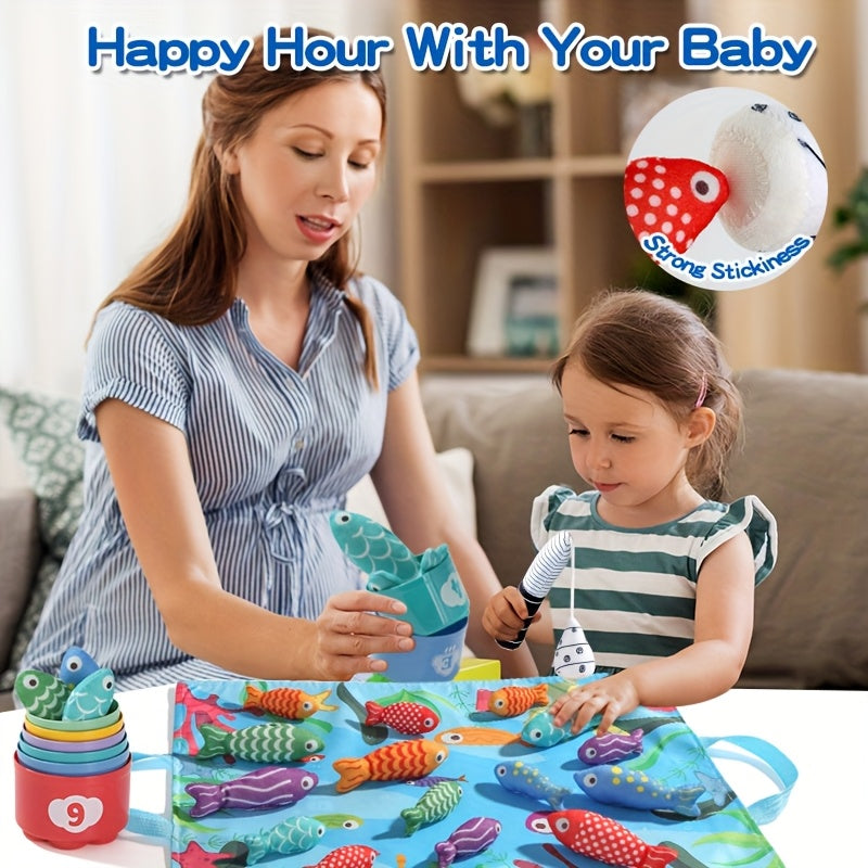 Gioco di Pesca in Tessuto per Bambini – Pesci in Peluche e Tazze Impilabili per Divertimento Educativo