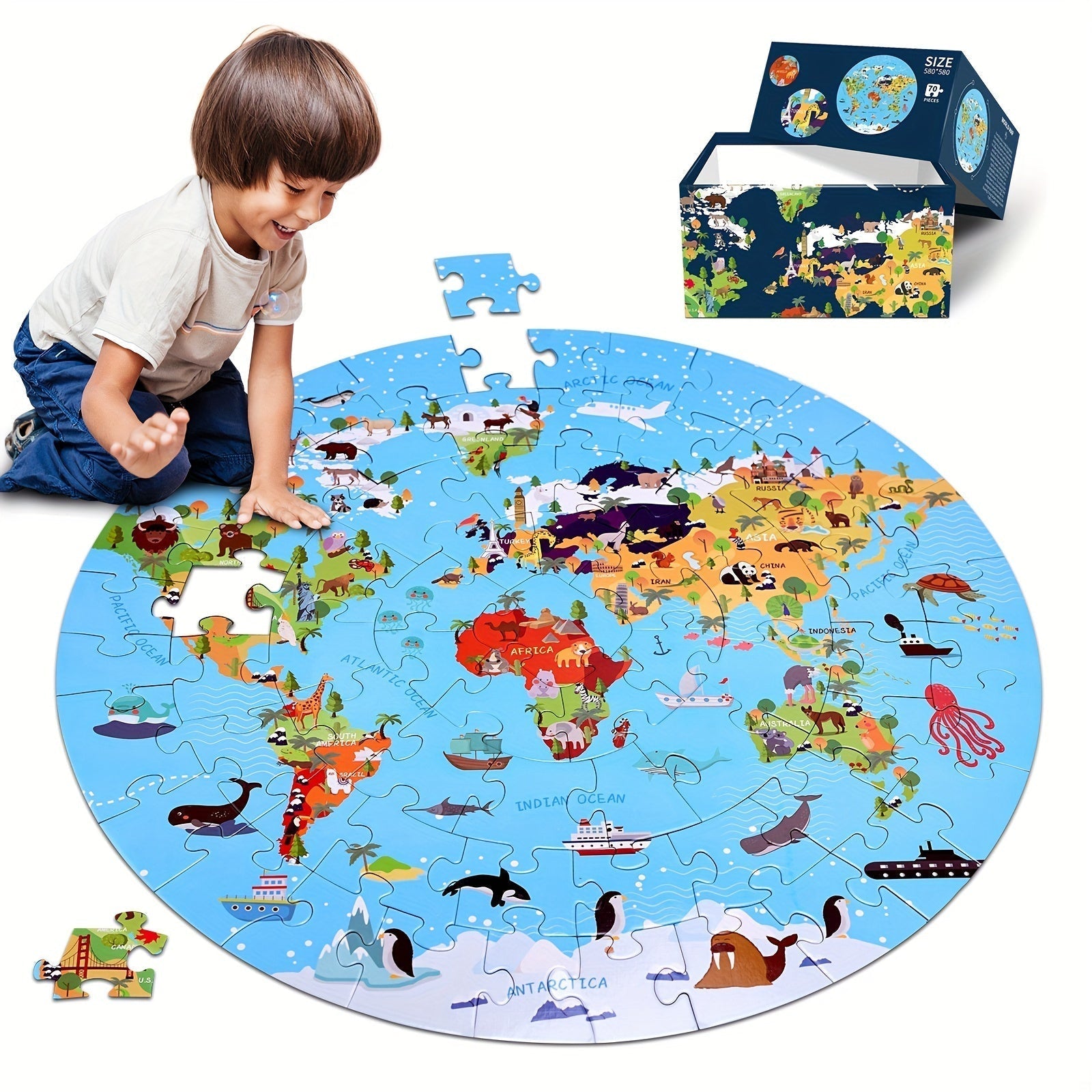 Puzzle da Pavimento di 70 Pezzi – Design della Mappa del Mondo Rotonda per Bambini