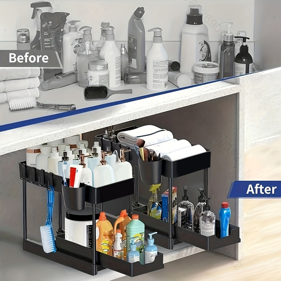 Organizzatore a 2 livelli con ganci e tazza – Sistema di stoccaggio intelligente e stabile per sotto il lavello o il piano di lavoro